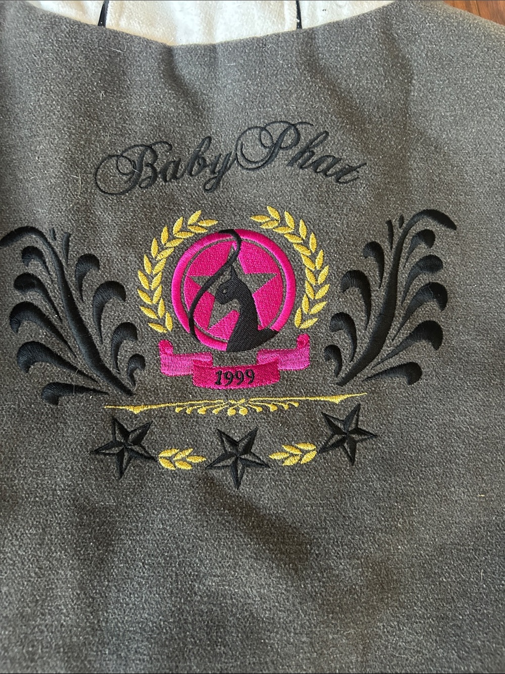 Vintage 1999 Baby Phat Letterman Style Hooded Coat Gold Embroidered Crest SZ XXL